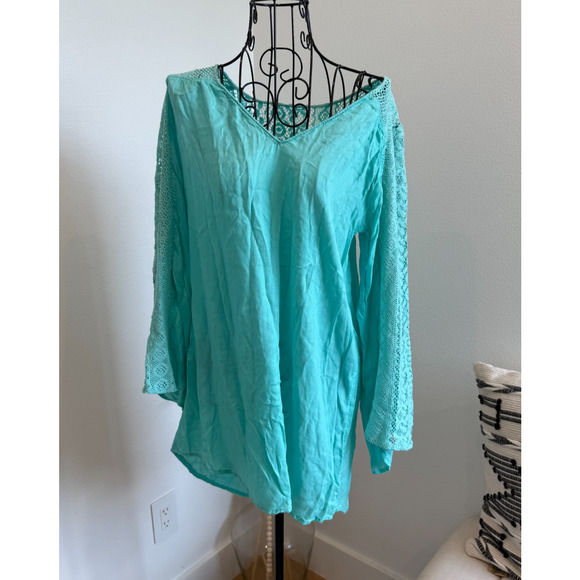 O'NEILL Cover-Up Green Lace Bell Sleeve TUNIC Pullover Top Small Beach/Swim - Picture 1 of 7